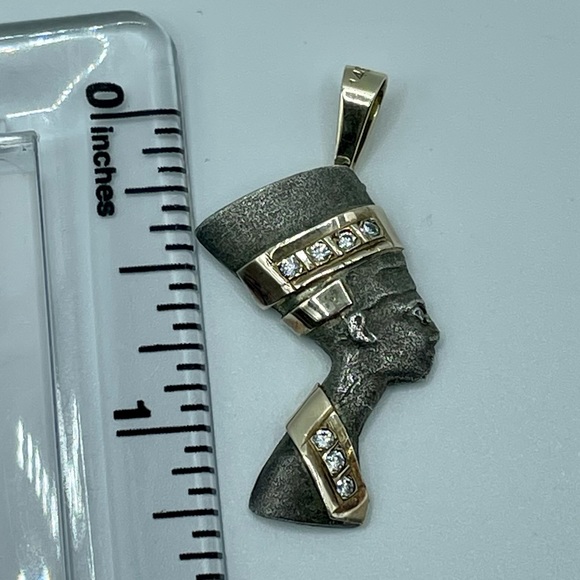 Vintage Unique Carved Pyrite 14k Gold CZ Nefertiti Pendant/Charm - Picture 3 of 14